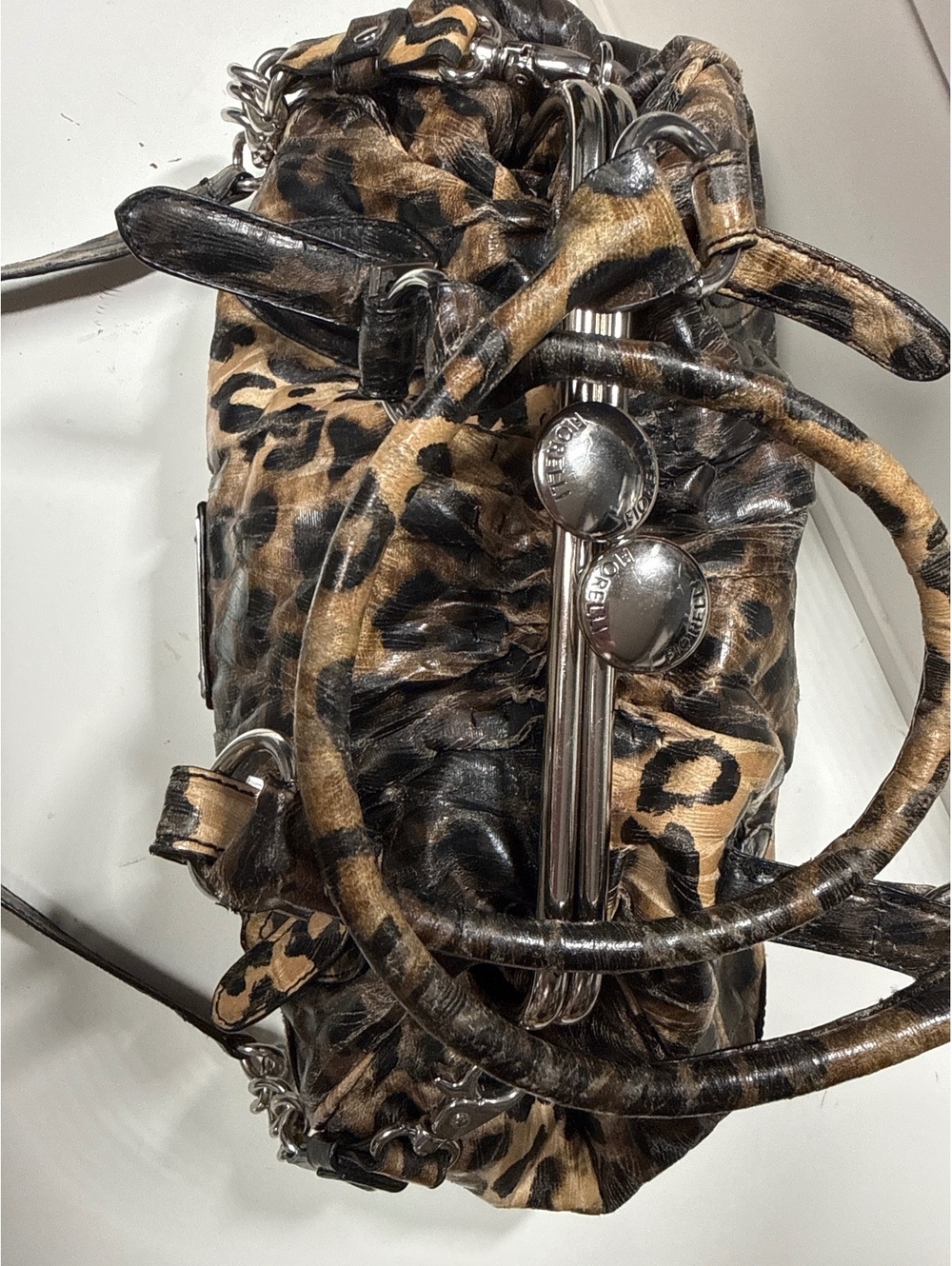 Fiorelli Leopard Print Frame Satchel Handbag Silver Hardware
